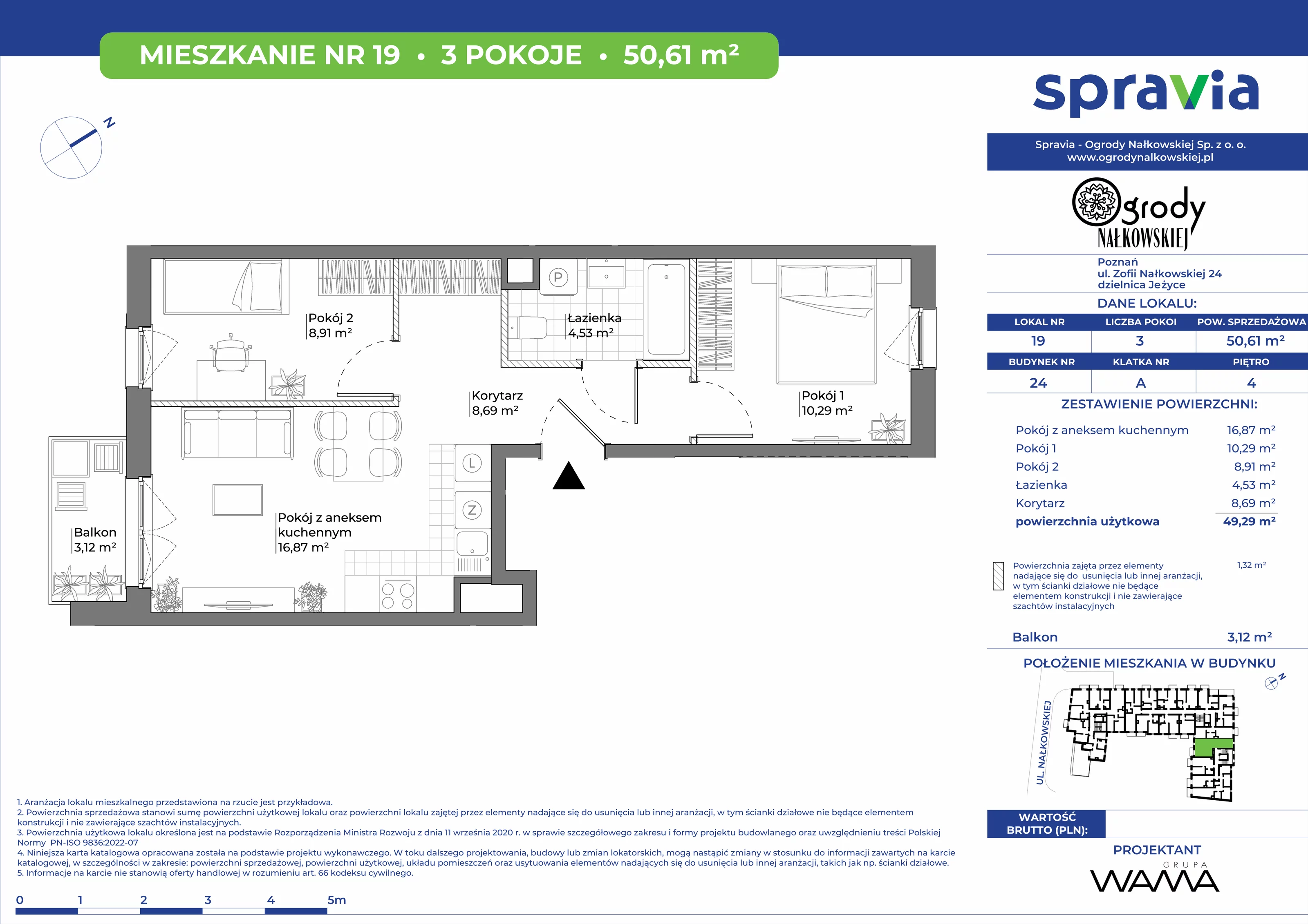 3 pokoje, mieszkanie 50,61 m², piętro 4, oferta nr 24-19, Ogrody Nałkowskiej, Poznań, Ogrody, ul. Nałkowskiej 24, 26